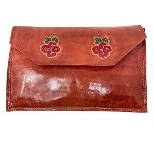 Floral Embossed Clutch Vintage Clutch Envelope Bag Brown Leather Western Boho
